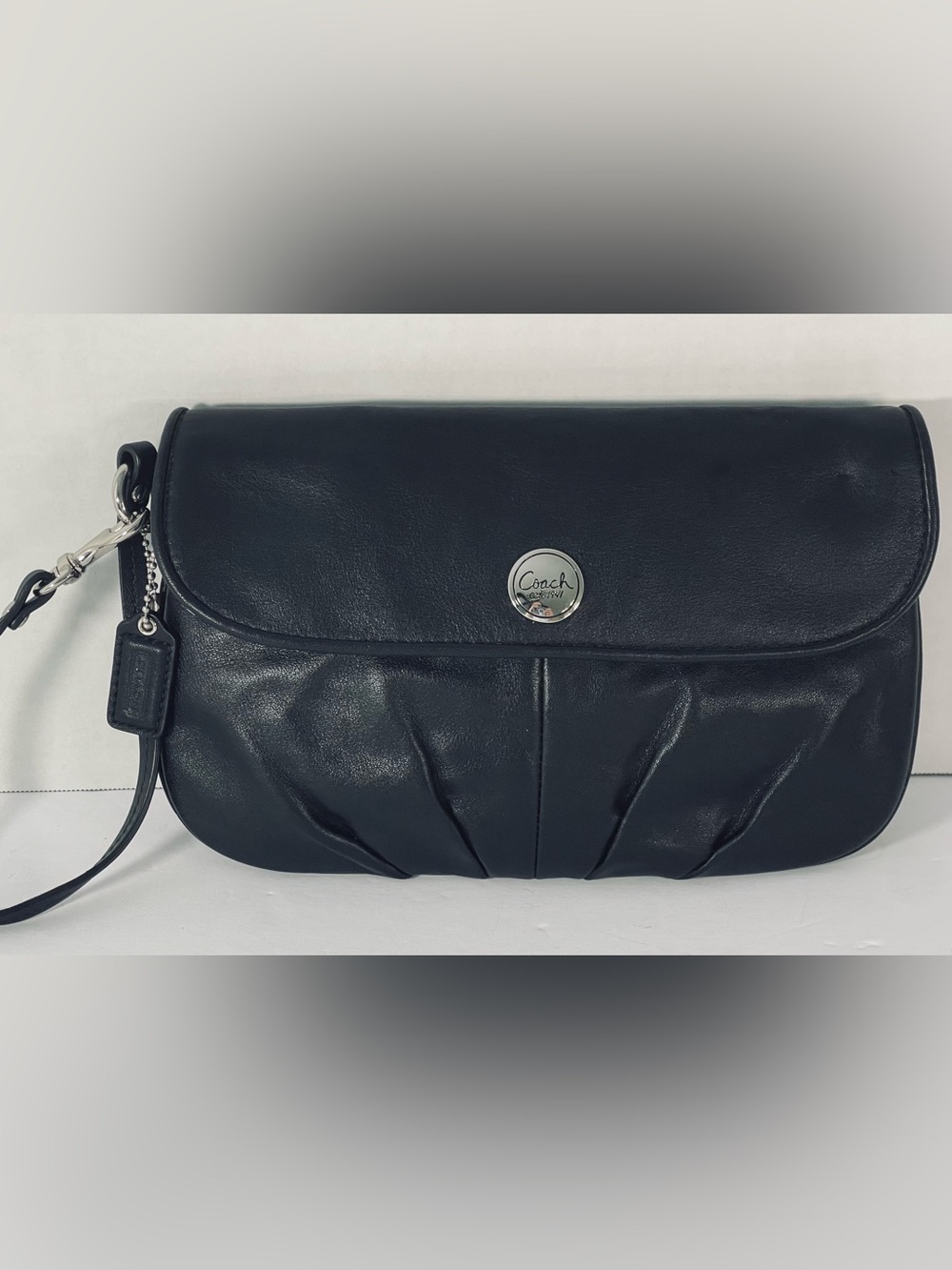 Coach Black Leather Pleated Wristlet Clutch